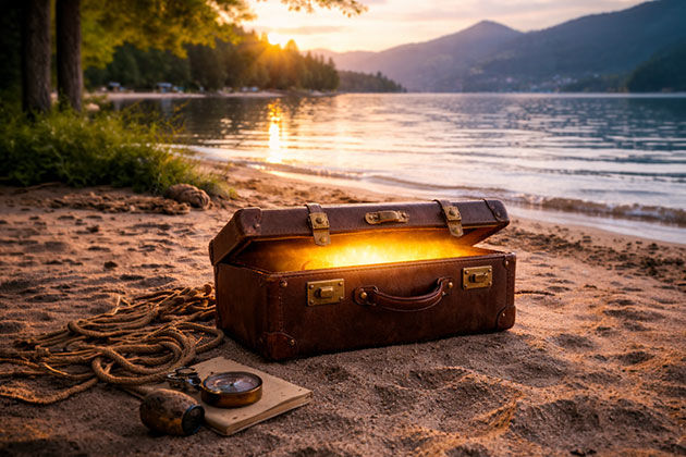 Koffer am Seeufer mit leuchtendem Inhalt.
